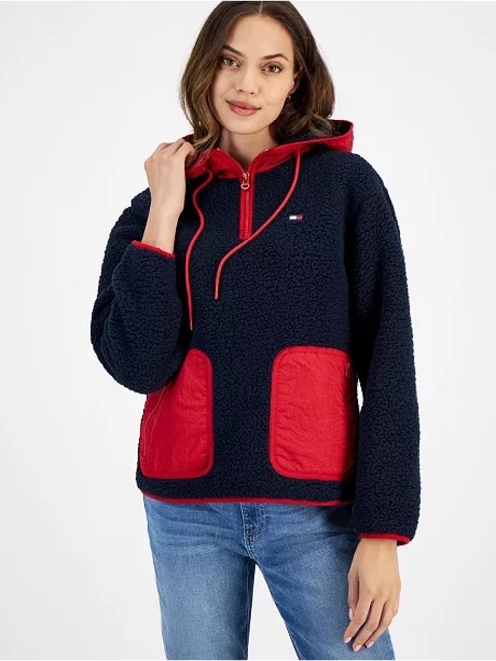 Tommy Hilfiger Navy and Red Sherpa Half-Zip Hoodie